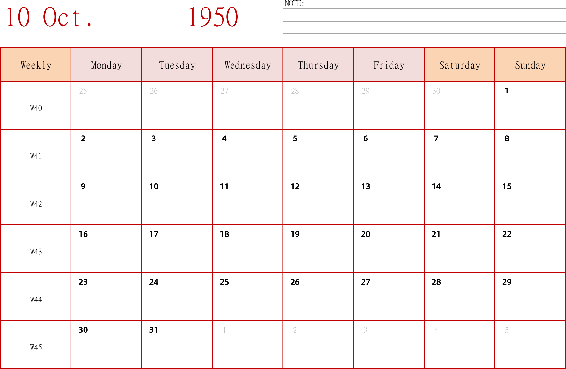 日历表1950年日历 英文版 横向排版 周一开始 带周数